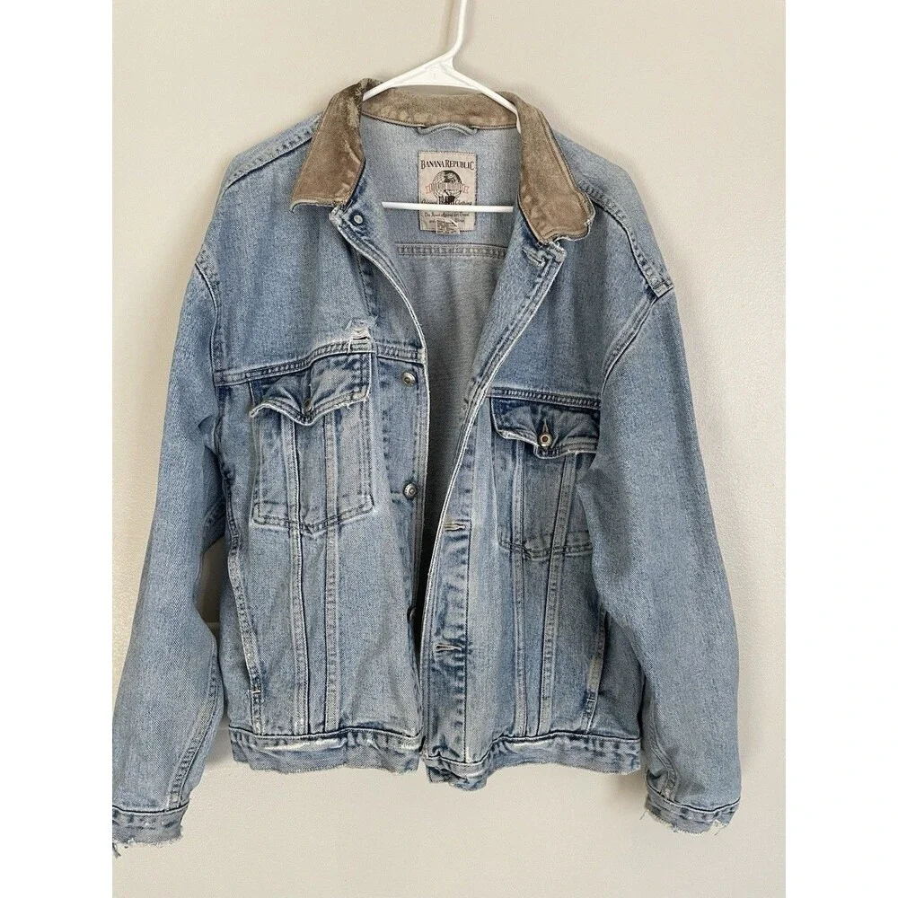 Vintage Banana Republic Travel & Safari Denim Jacket with Leather Trim Trucker L